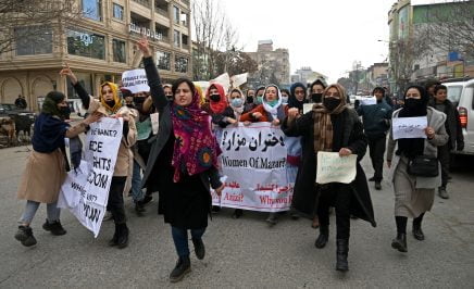 Afghan women protesting, chanting slogans and holding banners for their rights