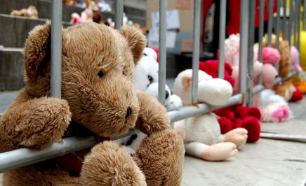 Fluffy teddy bears in a row, looking out of prison bars