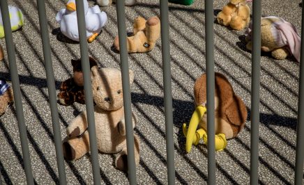 Image of stuffed teddies behind metal bars